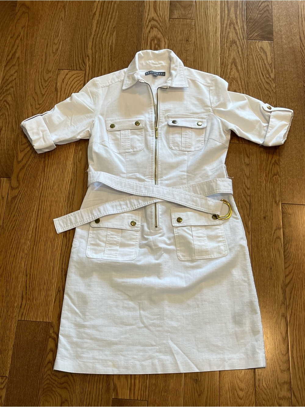 Sharagano White Mini Shirt Dress with Gold Accents